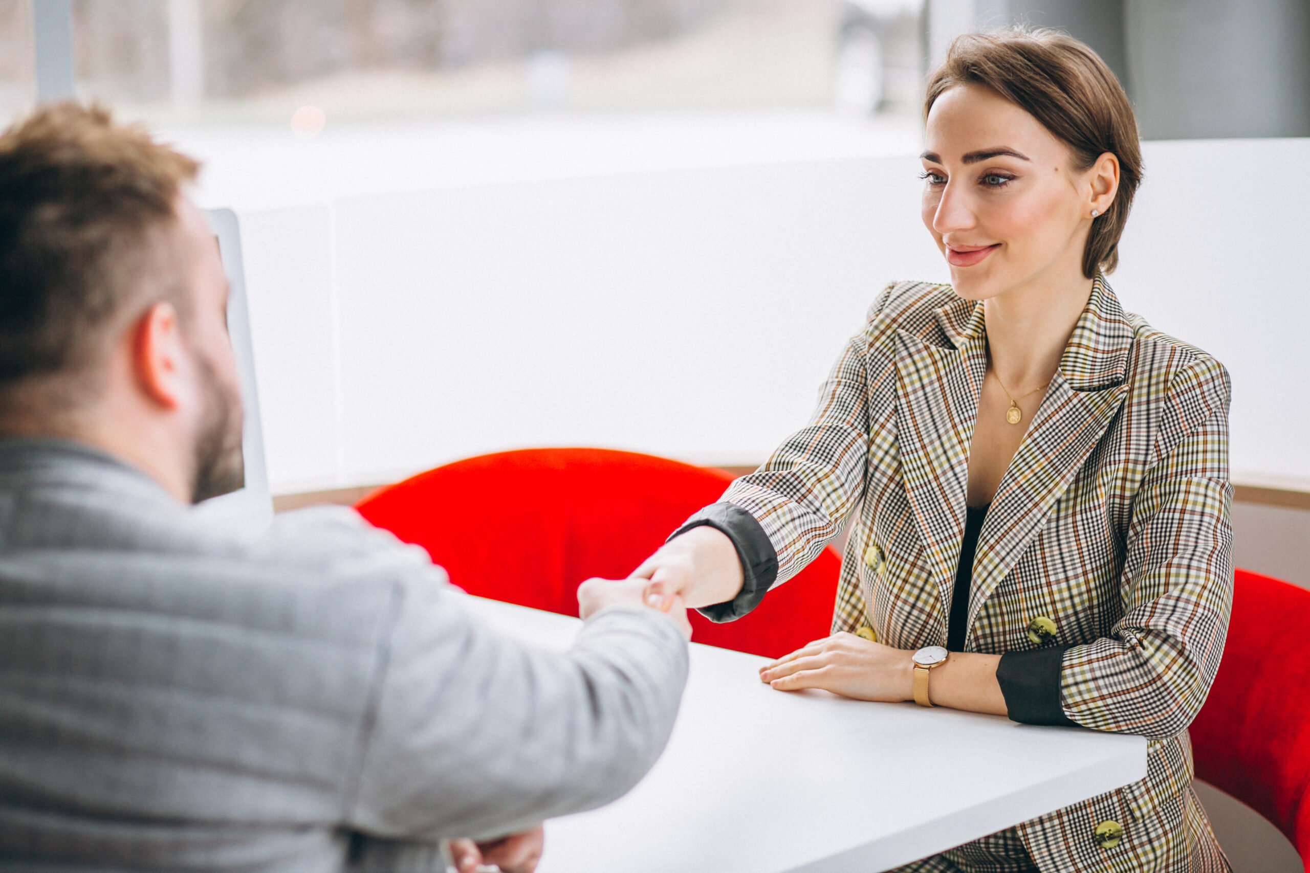 Car saleswoman talking with client